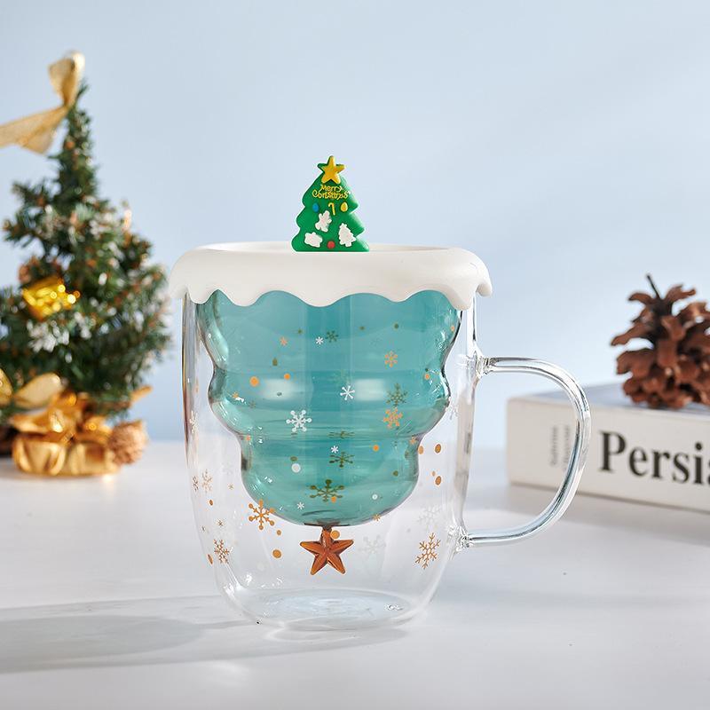 Christmas wishing cup ins cartoon double-layer cup cute gift with lid water cup household double layer Christmas glass cups