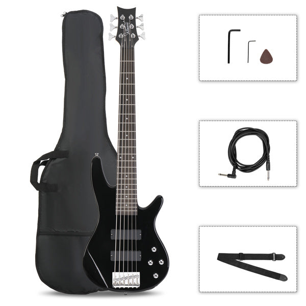 Glarry Full Size GIB 6 String H-H Pickup Electric Bass Guitar Bag Strap Pick Connector Wrench Tool Color Black