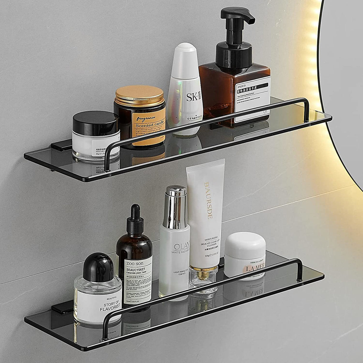 Wall Mounted Glass Shelf for Bathroom with Rail Floating Shelves