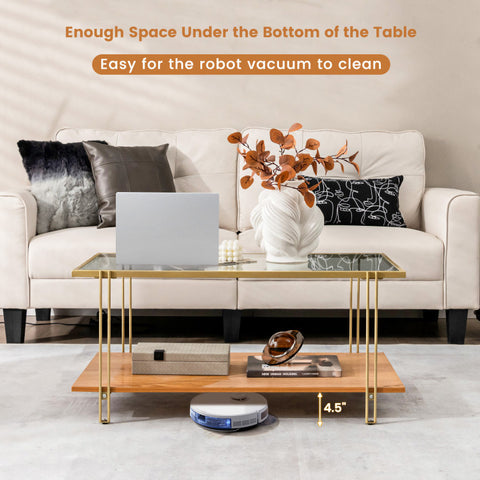 2 Tiers Rectangle Glass Coffee Table with White and Gold Steel Frame