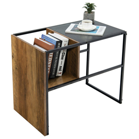C-Shaped Reversible End Table with Wooden Shelf for Living Room