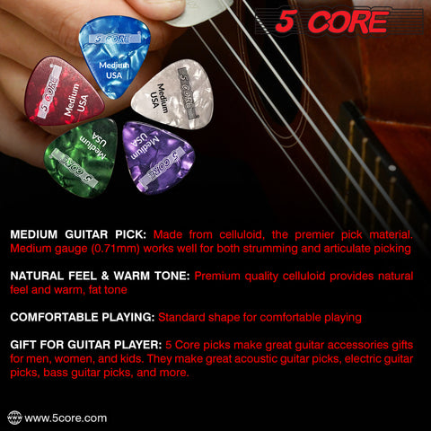 5 Core Guitar Picks 20 Pcs | Guitar Pick for Bass, Electric, Acoustic| Medium Gauge Durable Premium Celluloid Guitar Picks 0.71mm| 4xRed, 4xGreen, 4xWhite, 4xPurple, 4xBlue- G PICK M RGWPB 20PK